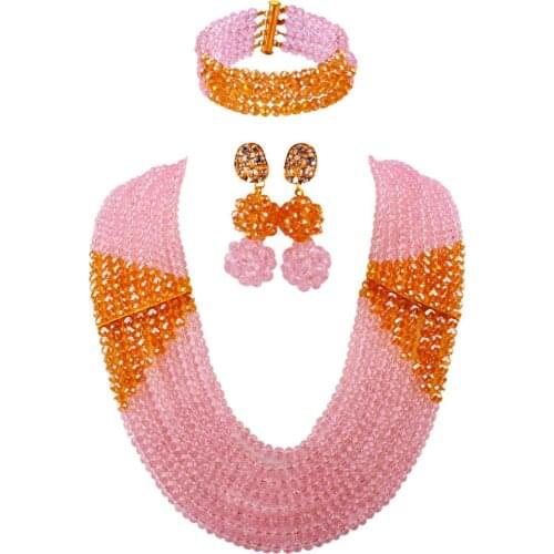 Pretty Pink and Champagne Gold AB African Wedding Beads Jewelry Set Crystal Nigerian Bridal Jewelry Sets LBSJ07