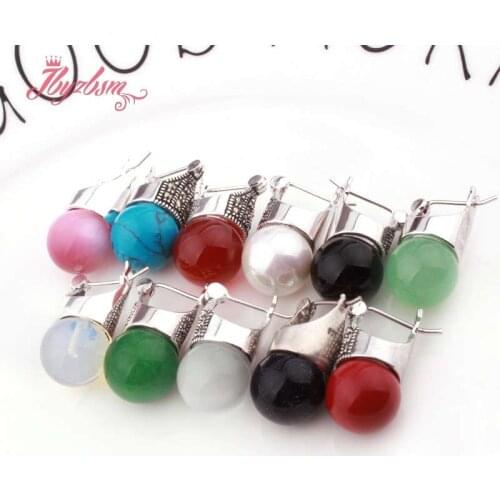 12mm Round Ball Opal Turquoises Sandstone Stone Beads Tibetan Silver Trendy Fashion Earring For Woman Gift 1 Pair