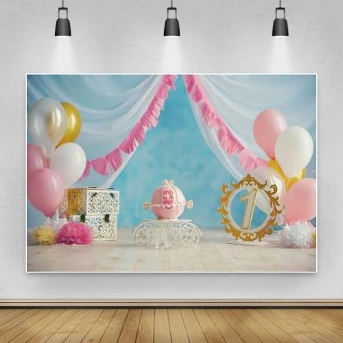 Laeacco White Pink Curtains Blue Wall Baby 1st Birthday Party Photography Backdrop Balloons Baby Shower Background Photo Studio