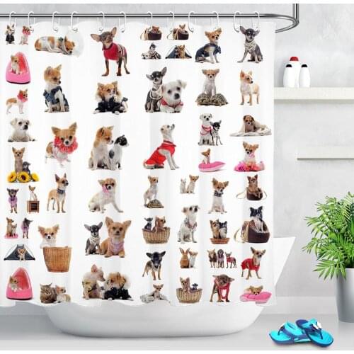 Little Puppys Chihuahuas Young Dog Bathroom Fabric Shower Curtain Waterproof Polyester Cute Animals Bath Curtain Sets With Hooks