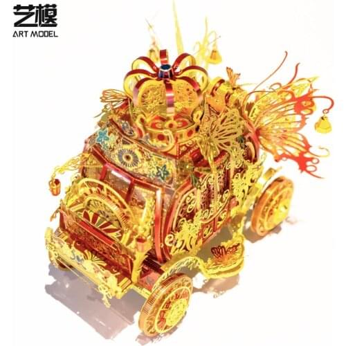 MU 3D Metal Puzzle Red Rincess Carriage LED light model DIY Laser Cut Jigsaw Model For Adult Educational Toys Desktop decoration
