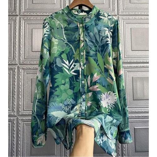 Jungle Green Leaf Floral Print Fashion Shirt Office Ladies Formal Casual Loose Long-Sleeved Oversize Tops 2021 Summer Clothing