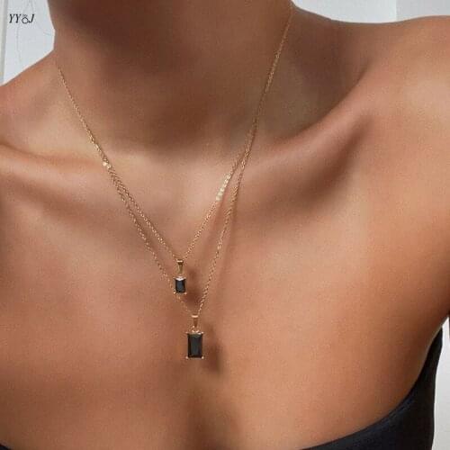 Big small black square zirconia stone layered necklaces for women stainless steel gold necklace punk streetwear accessories