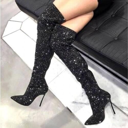 Sexy Crystal Over The Knee Boots Pointed Toe Metal Stiletto Heels Dress Shoes Bling Bling Rhinestone Tight High Boots Big Size10