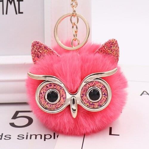 1PCS Cute Fashion Women Handicraft Gold Dust Owl Fur Cony Hair Ball Pom Pom Charm Car Keychain Handbag Key Ring Pendant