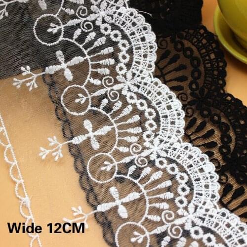 12CM Wide Luxury Tulle Black And White Lace Fabric Cotton Embroidered Ribbon Collar Applique Trim Veil Sewing Decoration