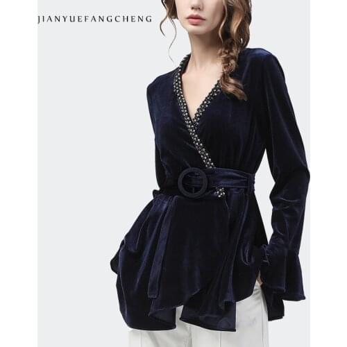 Luxury Diamond-studded V-Neck Velour Blouse Women Autumn Long High Waist Slim With Sashes Lady Office Casual Tops Velvet Shirts