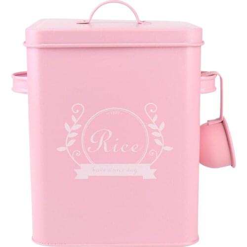 Pink Metal Rice/Sundries Kitchen Storage Tin Canister Bucket W/Lid Scoop
