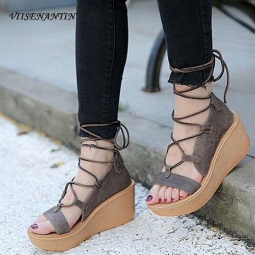 High-heeled sandals female summer new yellow leather cross straps wedge open toe non-slip Roman sandals