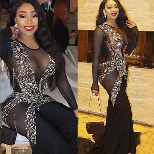 Sexy Rhinestone-Studded Long Dress Black Tail Skirt Women Dance Costume Evening Party Dress Rave Outfit Stage Show Wear XS2607