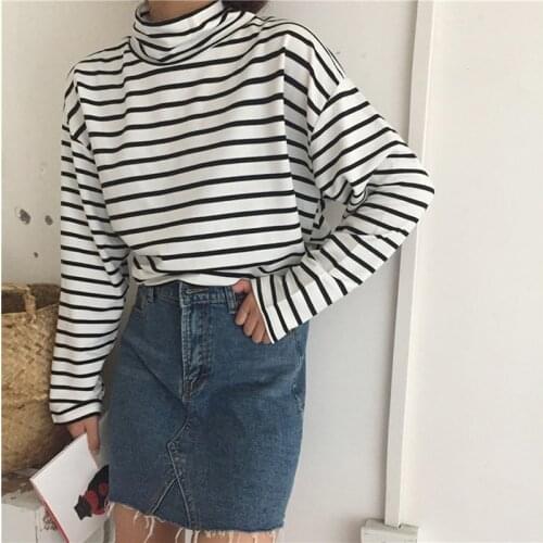 Tee Shirts Woman 2021 Spring New Korean Harajuku Striped Turtleneck T-shirt For Women Long Sleeve T-shirts Casual Tops