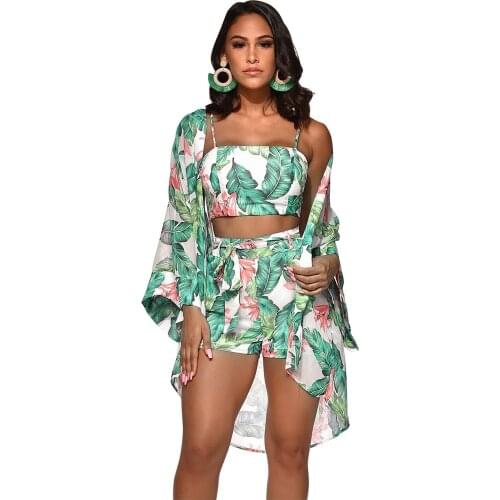 Women Clothing Floral Printed 3 Piece Outfits Off Shoulder Crop Tops and Short Pants with Cover Up Casual Sexy Outfits for Sex