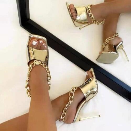 New fashion chain with decorative square head summer designer solid color large size stiletto heel womens sandals and slippers