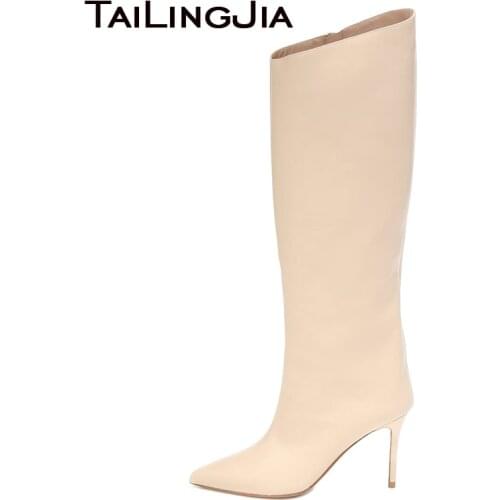 2020 New Women Pointed Toe Beige Knee High Boots Stiletto High Heel Long Boot Female Shoes With Zipper Inside Black Winter Boots