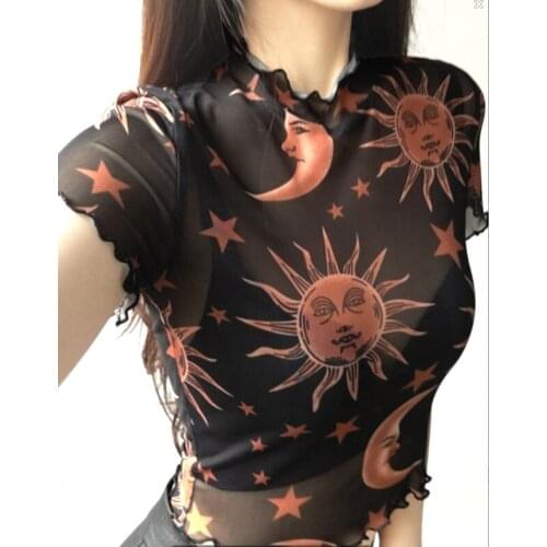 Women Crop Tops See Through Sun Star Moon Printed Short Sleeve T-Shirt Crop Tops