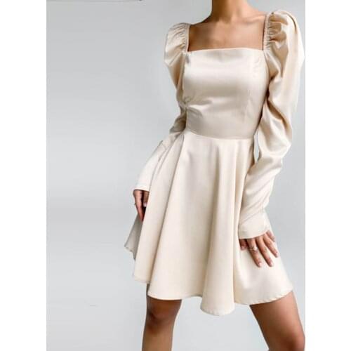 MUICHES Elegant Square Collar Satin Mini Dress Woman Lamb Shank Sleeve Back Folds High Waist A-Line Dress 2021 New Spring