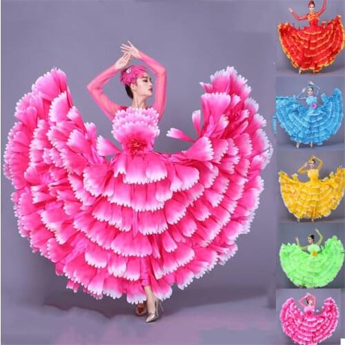 Women Petal Spanish Dress Flamenco Dance Costume Bullfighting Flamengo Dress Gypsy Flamenco 360/540 Degree Performance S-3XL