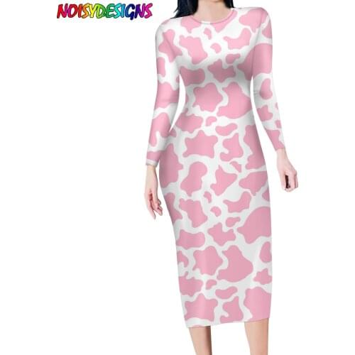 NOISYDESIGNS Pink Cow Prints Womens Dress 2021 Autumn Long Sleeve Party Dress Ladies Elegant O Neck Elastic Long Dresses 4XL