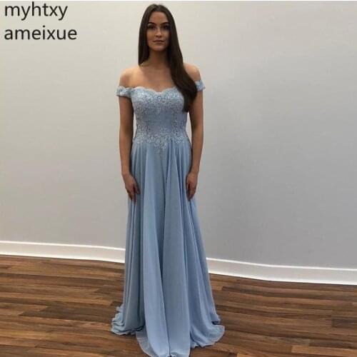 2020 New Off The Shoulder Custom Evening Dress Appliques Beading Chiffon Skirt Sky Blue Formal Party Dresses Long Robe De Soiree