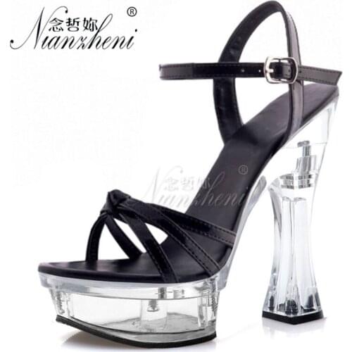 14cm Super High Stripper Heeled Shoes 6 Inches Open Toe Patent Leather Womens Platform Sandals Crystal Thick Pole Dance Shoes