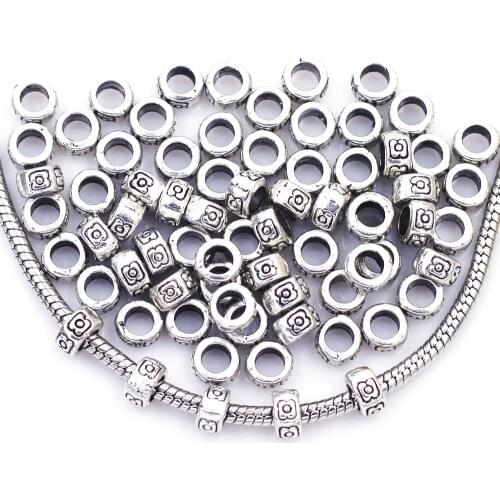 50Pcs Spacer Beads Flower Carved Metal Silver Tone Fit For European Charms Bracelets In Jewelry DIY Making Findings 4x7mm
