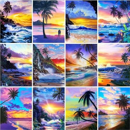 5D Diamond Painting Seaside Embroidery Full Square Round Sunset Landscape Cross Stitch Kits Diamond Mosaic Tree Home Decor