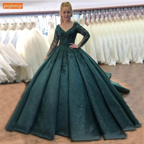 Sparkly Dark Green Evening Gowns Lace Up Beaded Ball Gown Women Reflective Dresses Long Party Custom Made 2020 Vestido De Festa