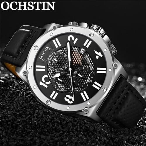 OCHSTIN Man WristWatch Chronograph Auto Date Sport Men Watch Military Top Brand Luxury Black Genuine Leather Male Clock 6122