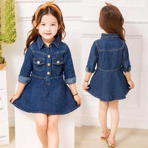 2021 New Toddler Kid Baby Girls Denim Button Long Sleeve Princess Kids Baby Girls Dress Party Casual Cute Kids Costumes Clothes