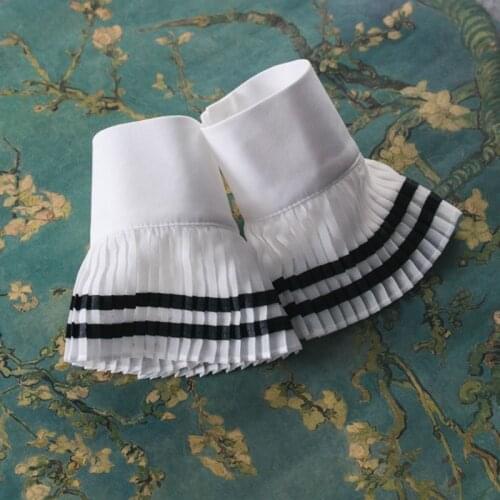 Women Girls Navy Style Wrinkled Pleated Horn Cuff Double Stripes Detachable Sweater Fake Sleeve Wristband Clothing Accessories