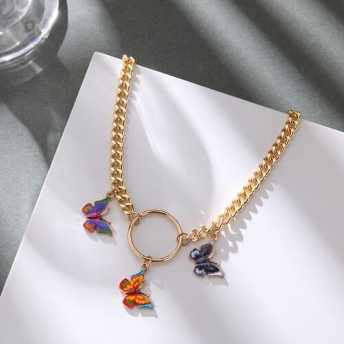 VKME 2021 Butterfly Pendant Necklace For Women Girl Gold Color Cuban Link Chain Colorful Statement Collares Chains For Jewelry