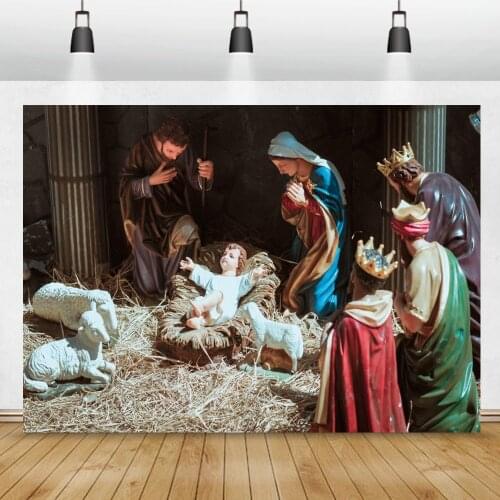 Laeacco Photography Backgrounds Christmas Jesus Of Birth Nativity Scene Shepherds Kings Sheep Pattern Photo Backdrop Photostudio