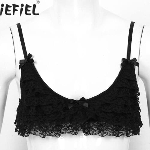Men Male Gay Sexy Erotic Hot Sissy Lingerie Adjustable Shoulder Straps Super Frilly Ruffled Layered Lace Front Camisole Bra Top