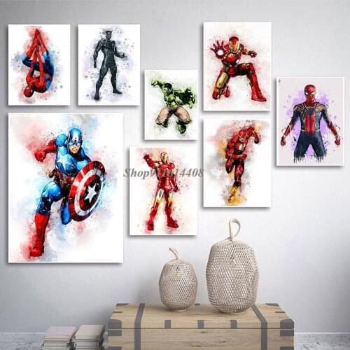 Wall Art Print Canvas Painting Watercolor Marvel Movie Avengers Superhero Anime Kids Room Wall Decor Pictures Posters and Prints