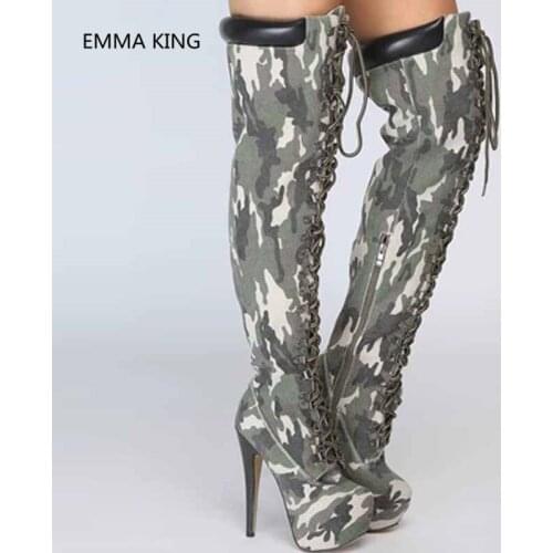 New Camouflage Women Over The Knee Platform Boots Round Toe High Heels Shoes Woman Cross-tied Army Green Thigh High Combat Boots