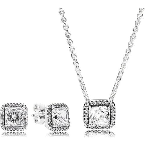 NEW 100% 925 Sterling Silver Timeless Elegance Earring and Necklace Set Original Clear CZ Fit European Girl DIY Jewelry Gift