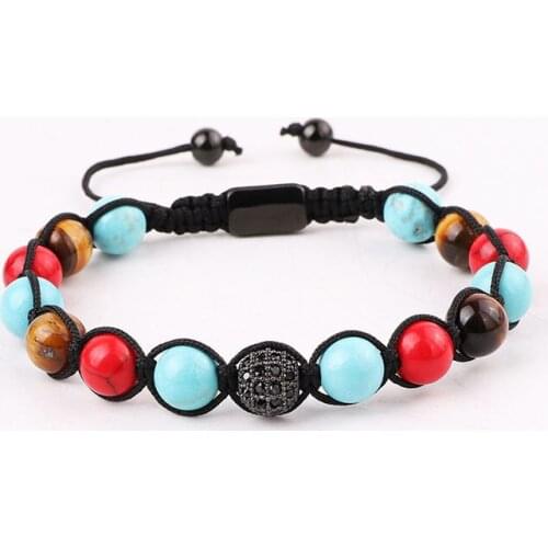 New Design Natural Stone CZ Pave Ball Braided Friendship Macrame Bracelet Men