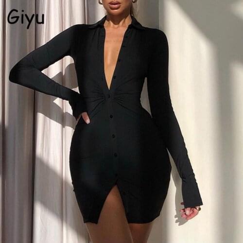 Giyu Sexy Shirt Dress Women Clothing Bodycon Club Party Mini Dresses 2021 Autumn Casual Button Long Sleeve Black Short Vestiods