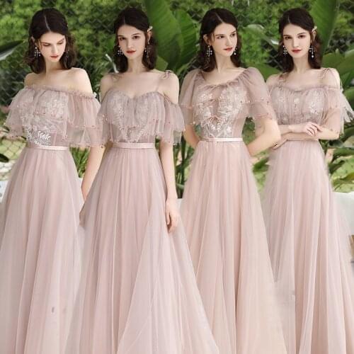 Bridesmaids Dress Illusion V-Neck Short Embroidery Tulle Lace Spaghetti Straps Floor-Length A-Line Women Wedding Party Gown E725