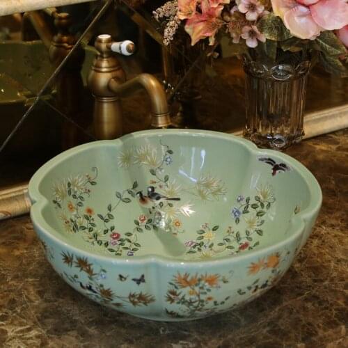 Traditional Chinese flower and bird painting flower green ceramic painting art wash basin, bathroom container, table, foot sink