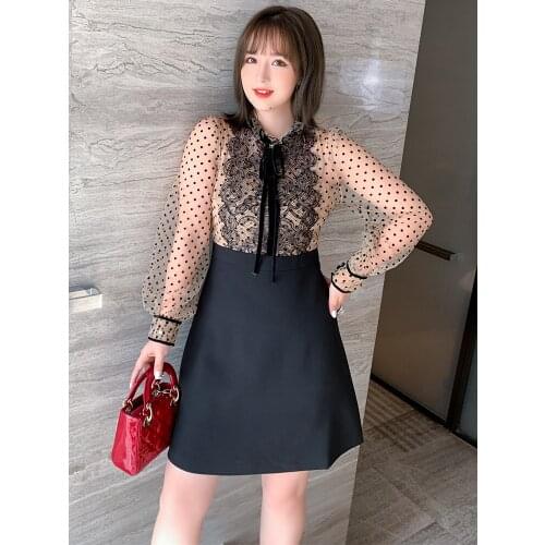 Retro wave point perspective mesh lace A-Line Skirt dress 2021 Spring new