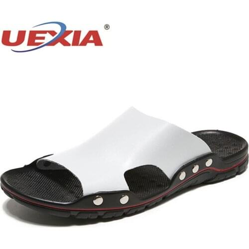 Fashino Leather Shoes Men Sandals Flip Flops Casual Classic Massage Beach Slippers Anti-slip Summer Trendy Outdoor Beach Rivets