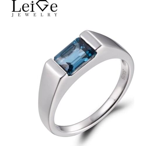 LeiGe Jewelry Genuine London Blue Topaz Ring Emerald Cut Blue Gems November Birthstone 925 Sterling Silver Bezel Setting Rings