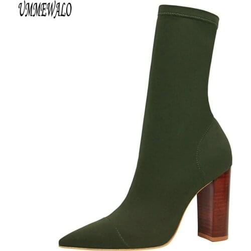 UMMEWALO Women Fashion Pointed Toe High Heel Shoes Winter Ankle Boots Ladies Shoes