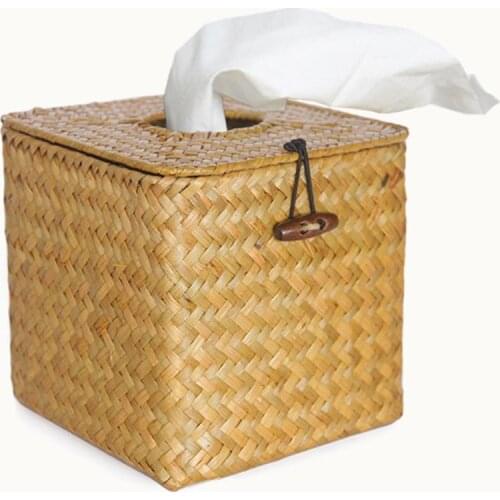 Vintage Tissue Canister Wicker Straw Woven Tissue Box Roll Paper Napkin Case Holder Organizer