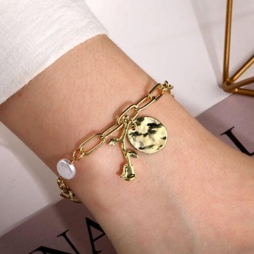 Vintage Flat Round Pearl Thick Chain Bracelet Punk Rose Flower Round Alloy Charm Bracelet Fashion Female Jewelry Gift