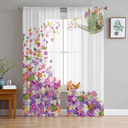Butterfly Flowers Kettle Watercolor Painting Sheer Curtain for Living Room Bedroom Modern Tulle Window Treatment Home Decor