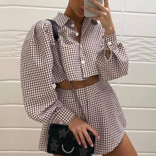 Pink Y2K Casual Plaid Lounge Wear Women Tracksuit Shorts Set Long Puff Sleeve Shirt Tops And Mini Shorts Two Piece Set