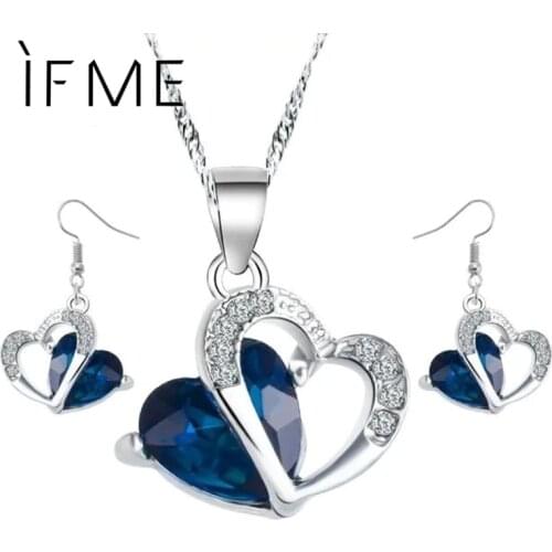 IF ME Fashion Crystal Love Blue Heart Jewelry Sets for Women Romantic Silver Color Cubic Zirconia Pendant Necklace Earrings Gift