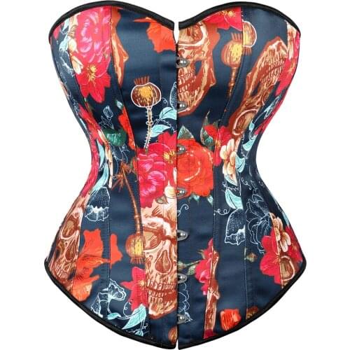 Womens Steampunk Vintage Floral Pattern Corset Boned Lace up Skull Print Overbust Bustier Gothic Waist Cincher Corselet Lingerie